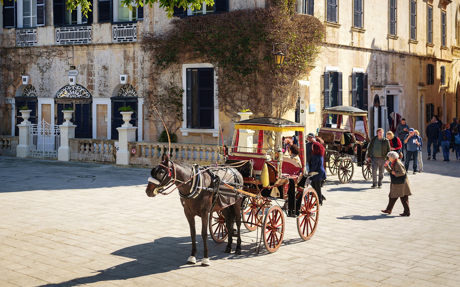 Horse-drawn carriage in Mdina square during guided tour of Mdina and Rabat.