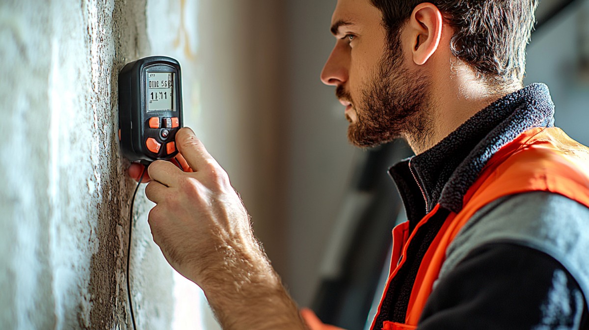 Inspector using a handheld moisture meter to test a wall for dampness.