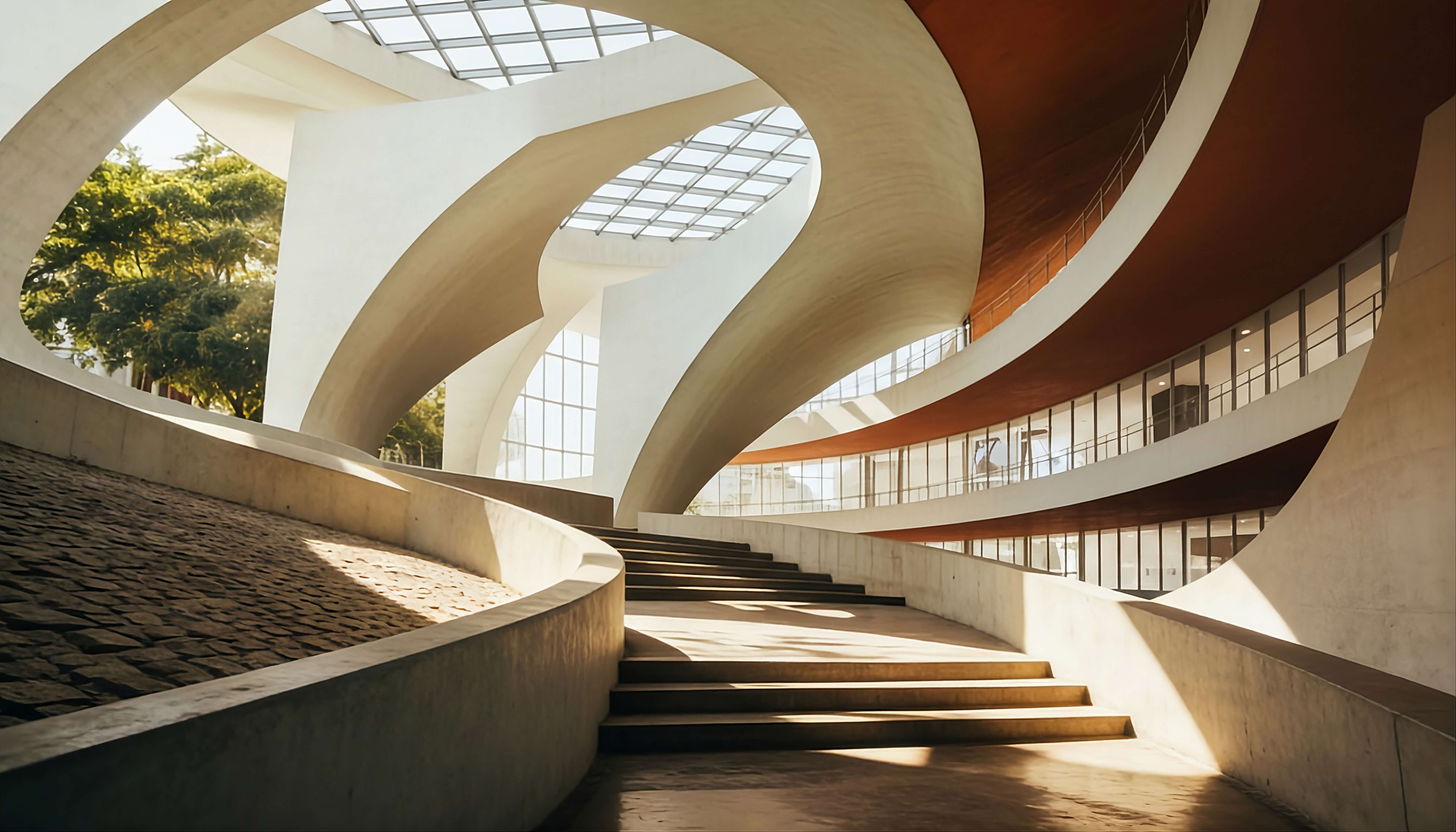 Organic architectural forms with warm wood tones and flowing ceiling structure