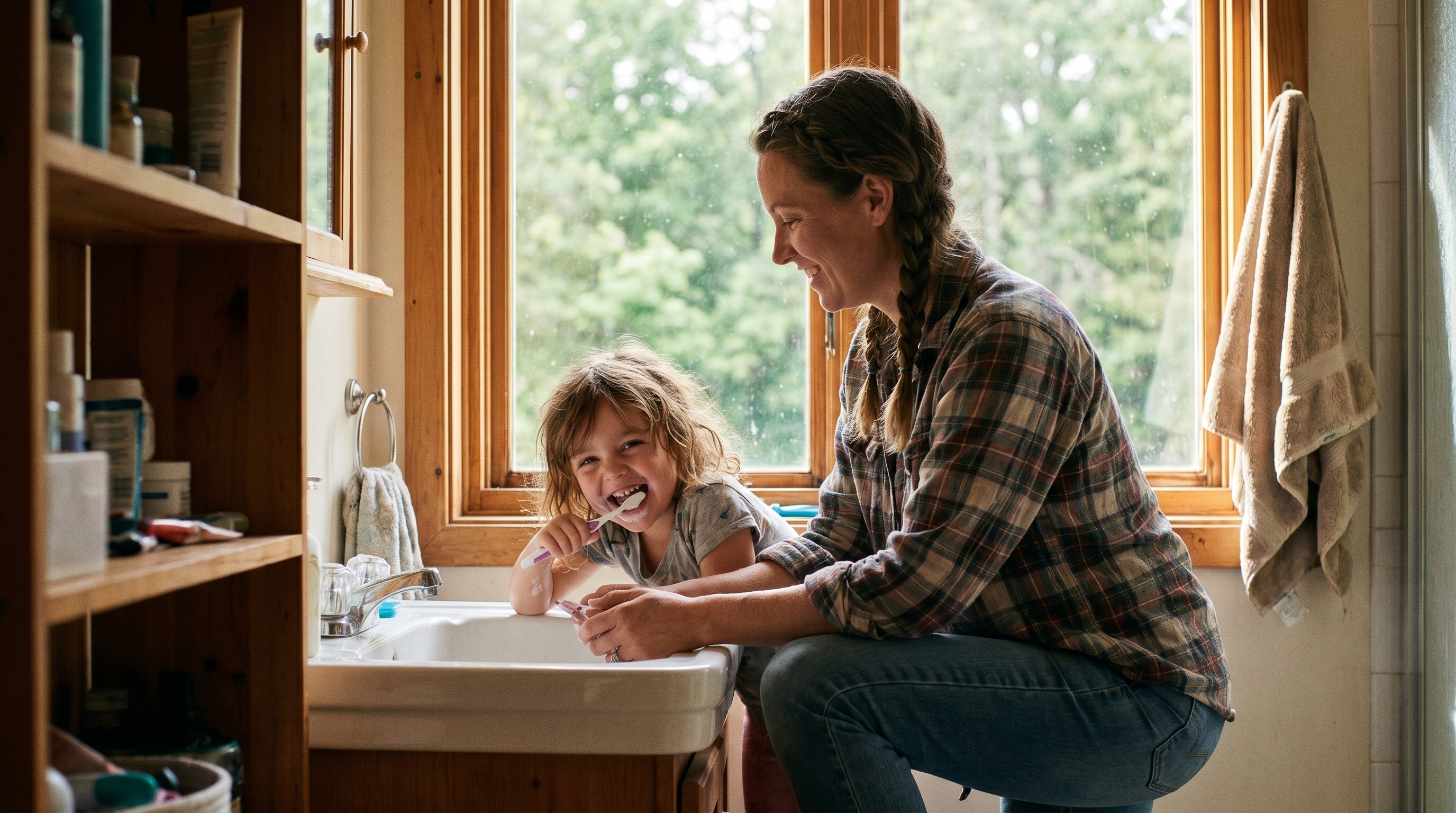 Tigard mom helping her young daughter brush teeth in a bright family bathroom with warm morning light