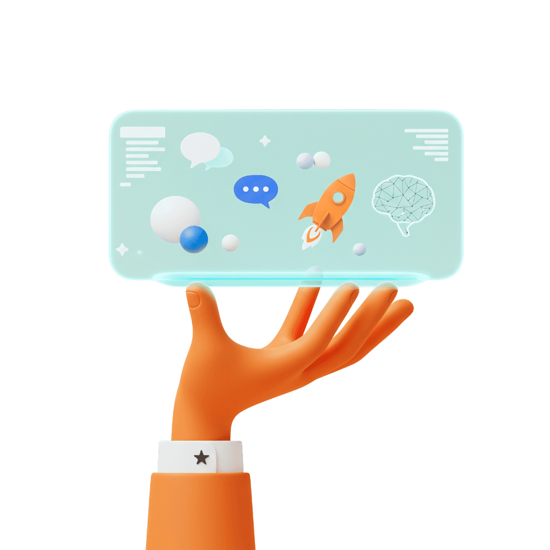 Mains tenant un ecran digitale avec des bulles stratégique et une fusée qui se lance