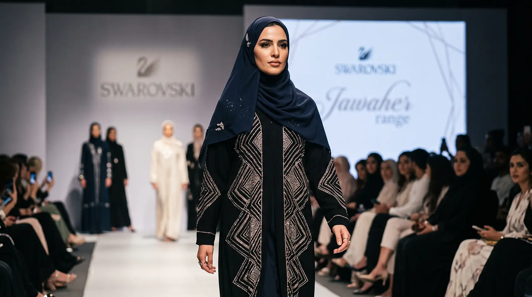Woman in hijab filming fashion show with smartphone, highlighting diverse audience engagement at cultural events