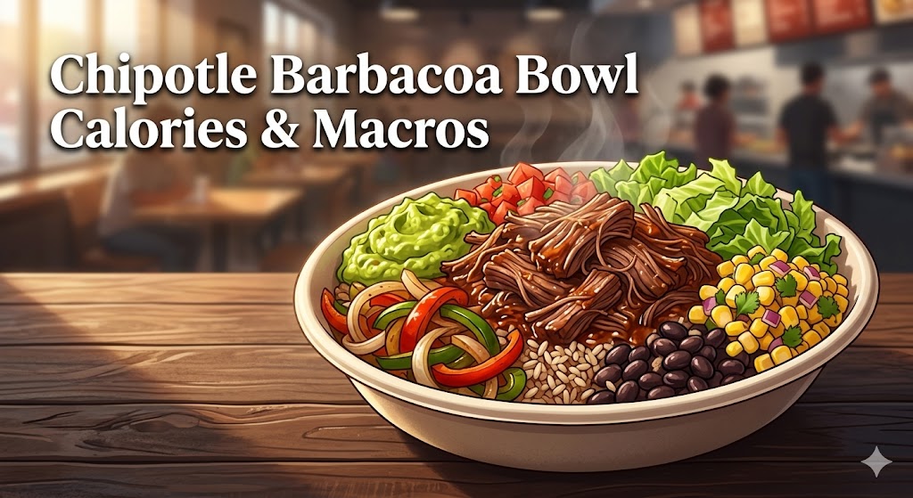 An appetizing Chipotle-style Barbacoa burrito bowl filled with shredded beef, guacamole, corn, beans, and salsa, placed on a wooden table in a fast-casual restaurant setting with text overlay "Chipotle Barbacoa Bowl Calories & Macros."