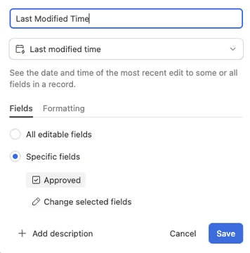 Airtable 'Last Modified Time' field configuration interface. Shows options for tracking edits on specific or all fields, crucial for Lucas Ostrowski's automated X posting system. Demonstrates granular control in Airtable for efficient social media automation workflow."