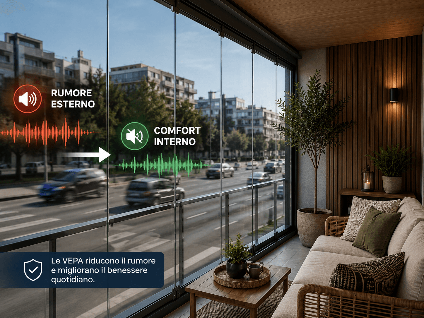 Vetrate panoramiche VEPA installate su un balcone urbano per contribuire a ridurre il rumore esterno e migliorare il comfort abitativo.