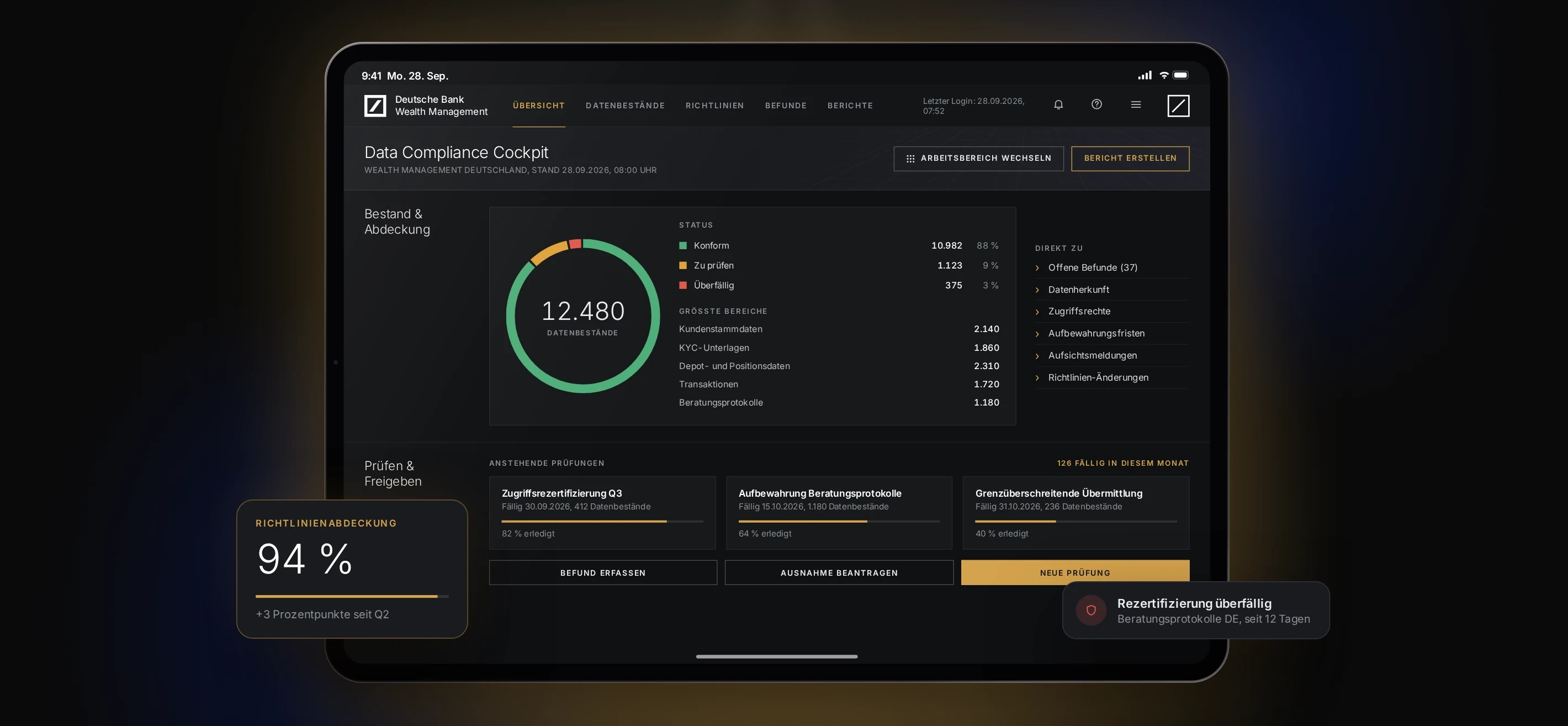 Illustrative interface: data compliance cockpit for Wealth Management, with dataset status and upcoming reviews