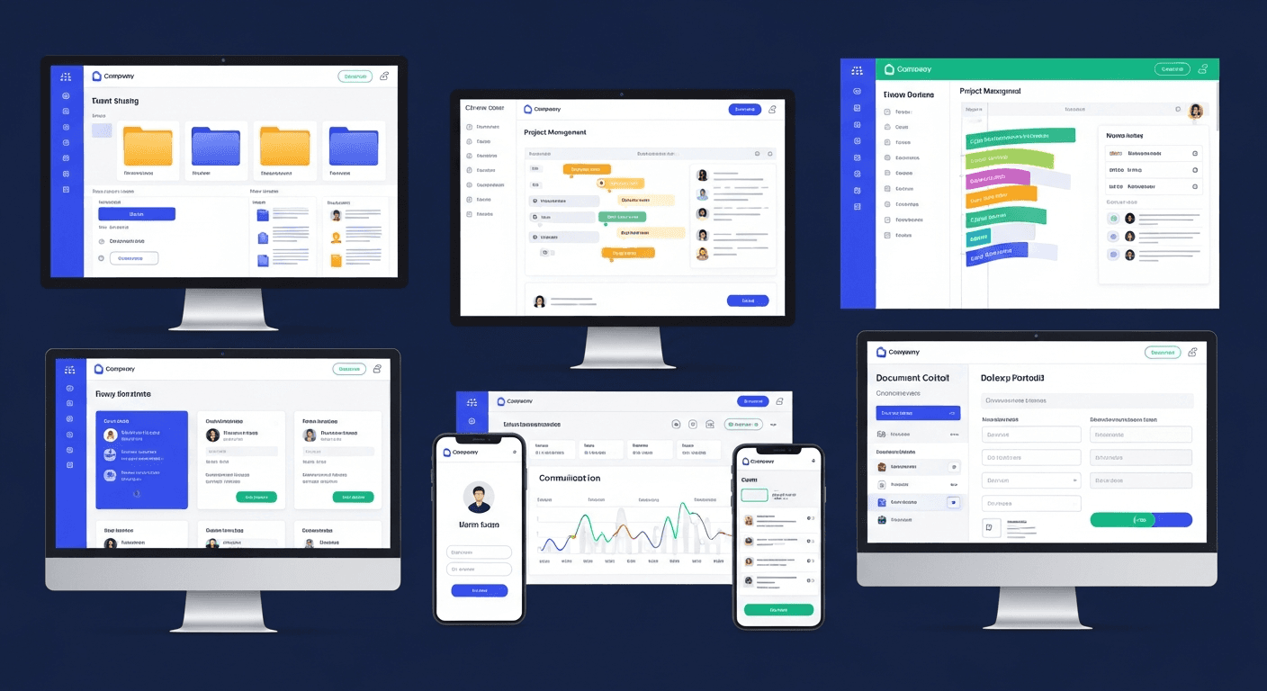 Professional illustration showing a grid or collection of diverse client portal software interfaces on computer screens and mobile devices. Show multiple portal dashboards with different layouts: one displaying file sharing, another showing project management boards, one with CRM data, and one with document collection forms. Include elements like secure login screens, branded interfaces, and user-friendly navigation. Modern, clean tech illustration style with blue and green accents, organized layout suggesting variety and choice in portal solutions.