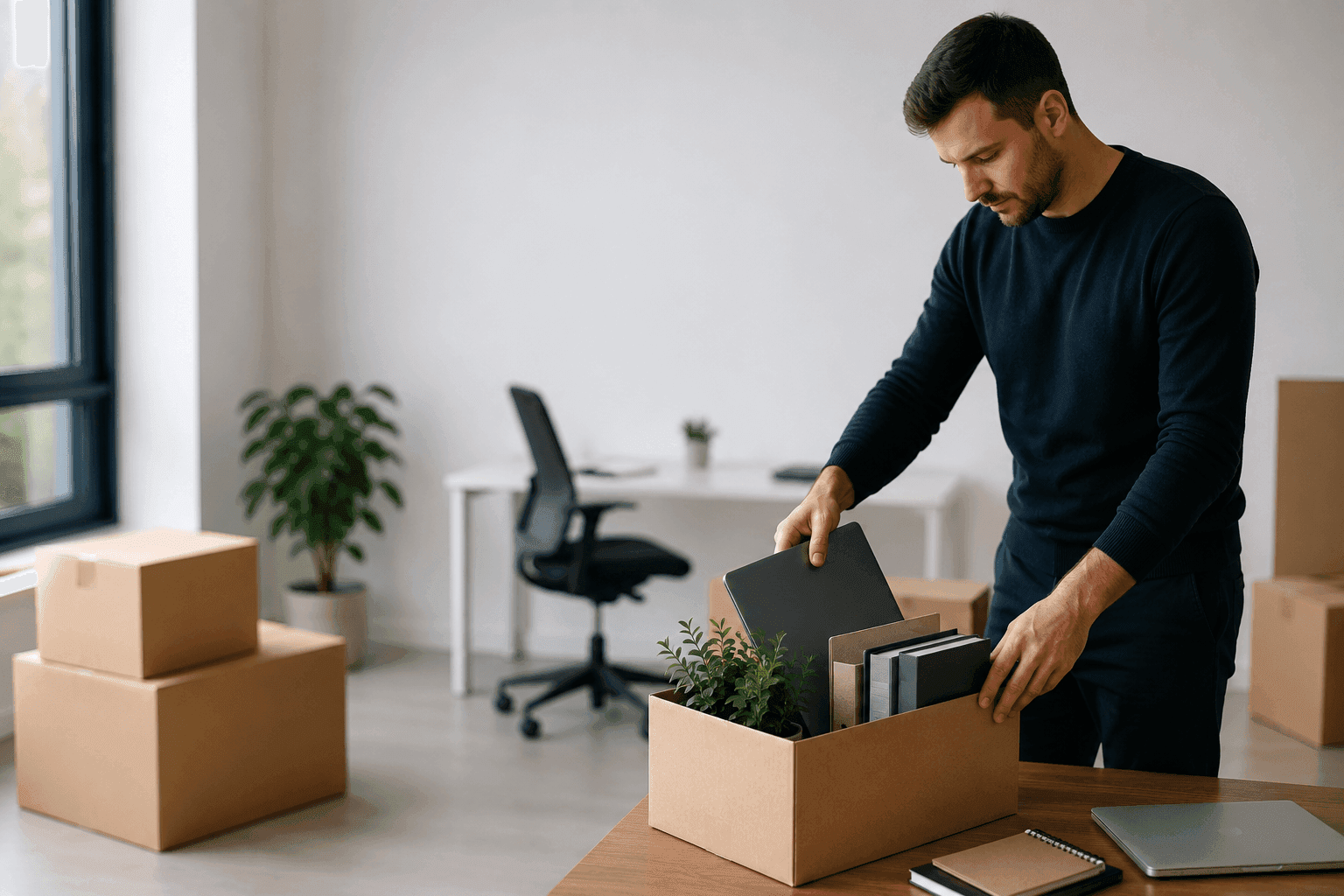 Mitarbeiter packt Ordner und Arbeitsmaterialien in einem modernen Büro in Umzugskartons. Helle Büroräume mit wenigen Kartons symbolisieren die strukturierte Vorbereitung eines Firmenumzugs und die Planung eines neuen Unternehmensstandorts.