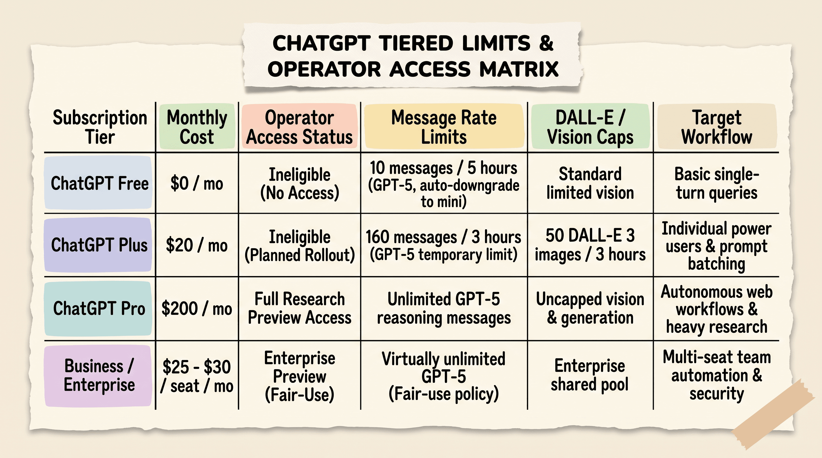 Tiered limits comparison table detailing message caps and Operator access across ChatGPT Free Plus Pro and Enterprise tiers