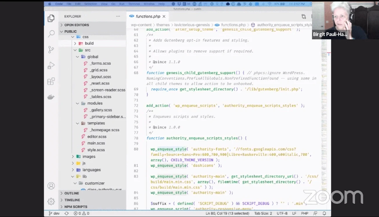 Screen showing PHP code for customizing WordPress Gutenberg block editor styles and scripts in a code editor.