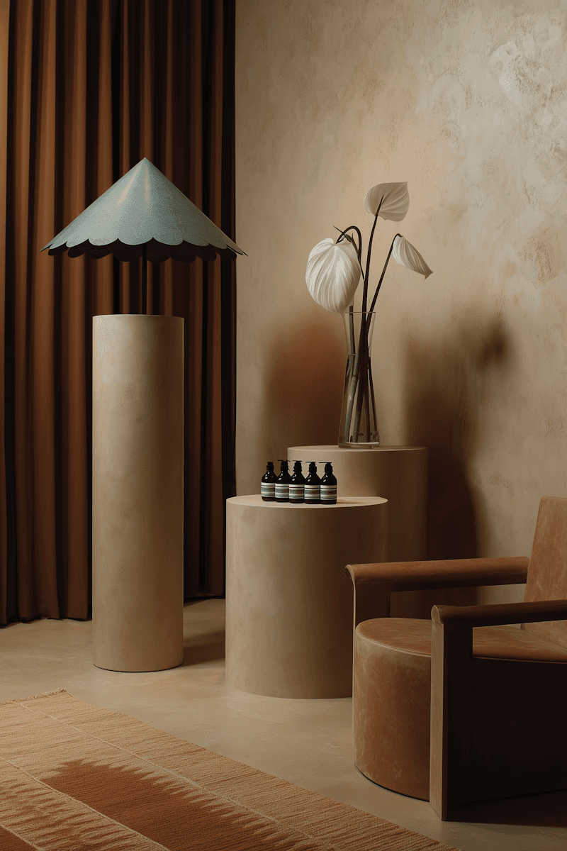 Elegant interior with earthy tones, including a green scalloped lamp, white curved flowers, a caramel chair, and a textured brown rug.