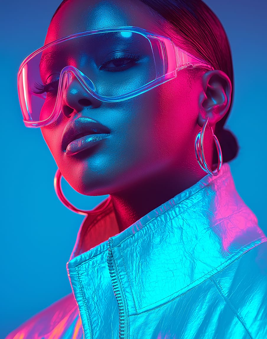 A person with glowing blue and pink lighting wears oversized clear goggles and large hoop earrings. They sport a shiny jacket with a confident expression.