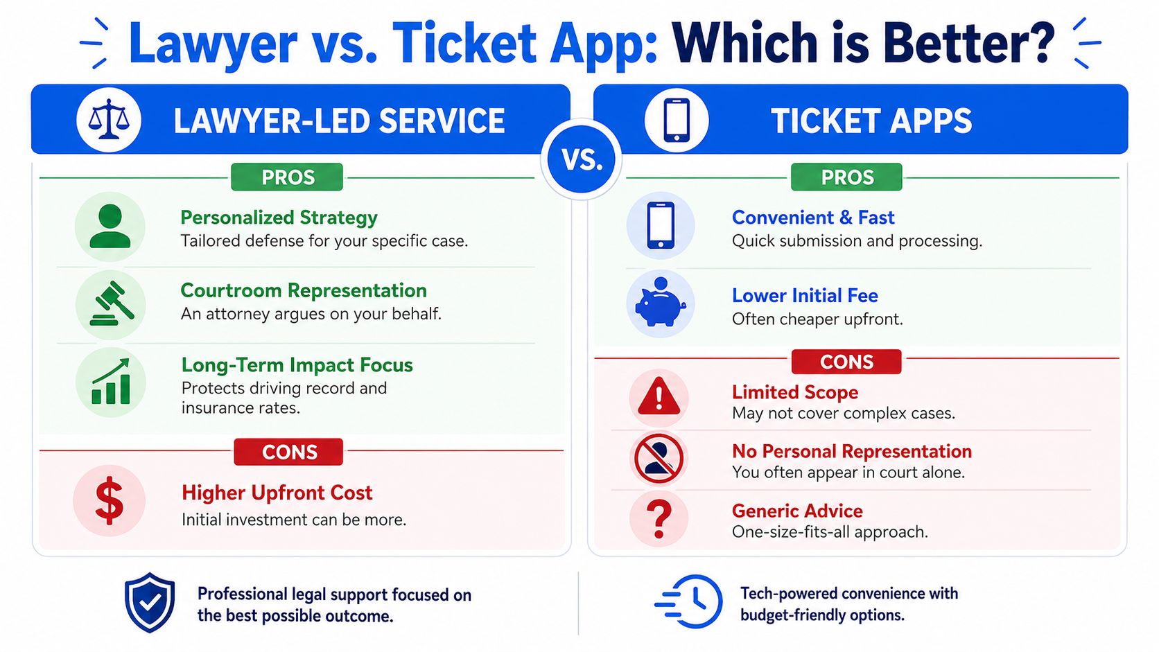 A comparison chart highlighting the differences between hiring a lawyer and using a ticket app for traffic cases.
