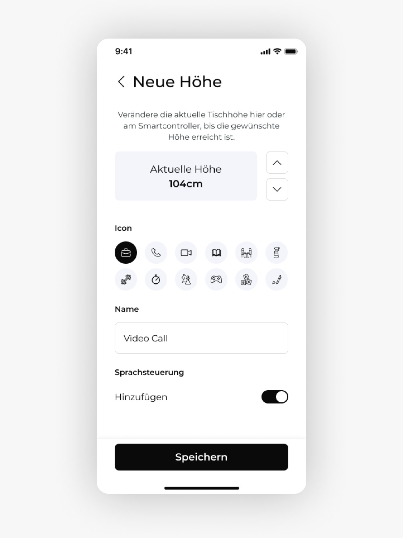 Einstellungsmenü in einer Schreibtisch-App zur Anpassung der Tischhöhe mit individuell benennbaren Profilen.