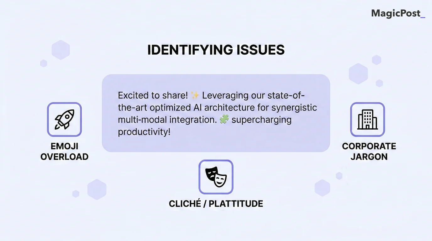Infographic identifying three signs of AI-generated LinkedIn posts: emoji overload, corporate jargon, and clichés