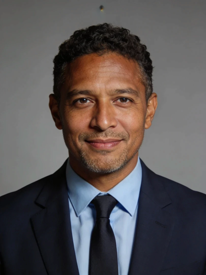 Smiling man in a suit and tie against a neutral background. He has short curly hair, a relaxed expression, and a confident, professional appearance.