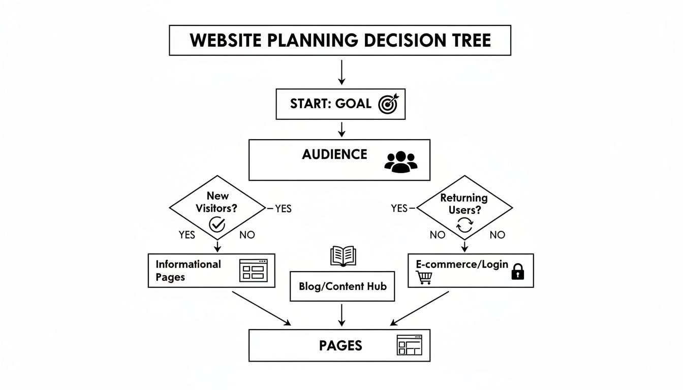 Flowchart illustrating a website planning decision tree with steps for goal, audience, and page types.