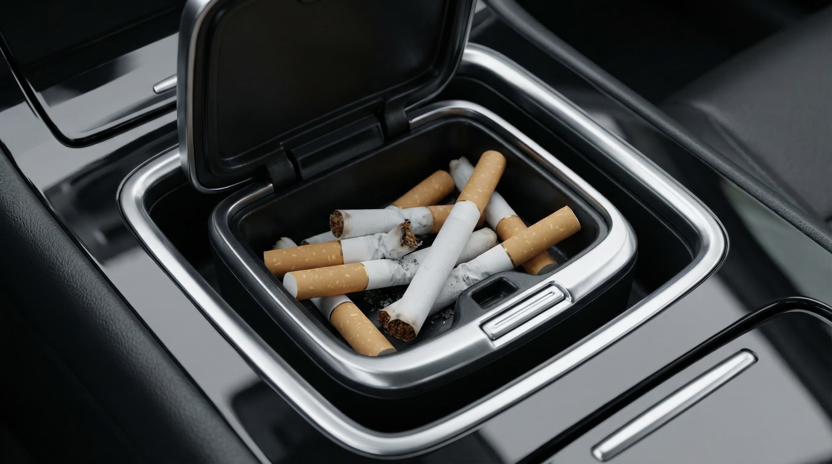 Mégots de cigarette dans un cendrier de voiture en gros plan