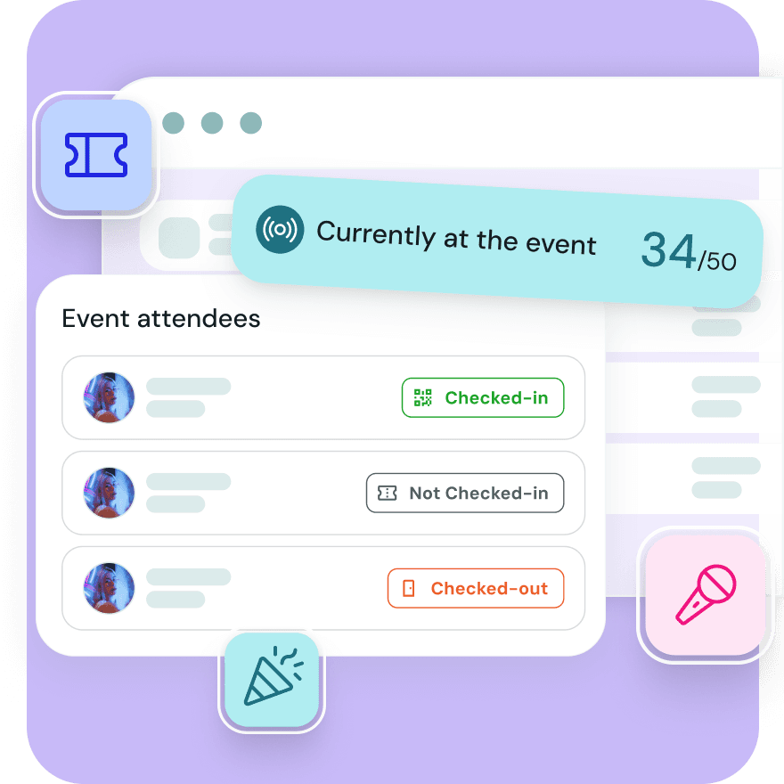 Lounge live attendance dashboard showing real-time guest check-ins, check-outs, and capacity tracking across chapter events