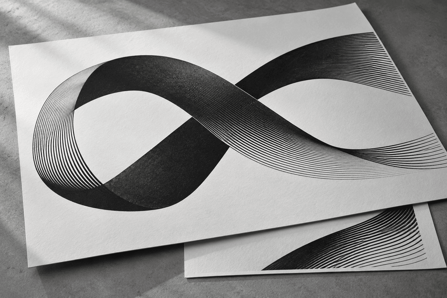Original fictional printed graphic with parallel black ribbon lines on white paper.