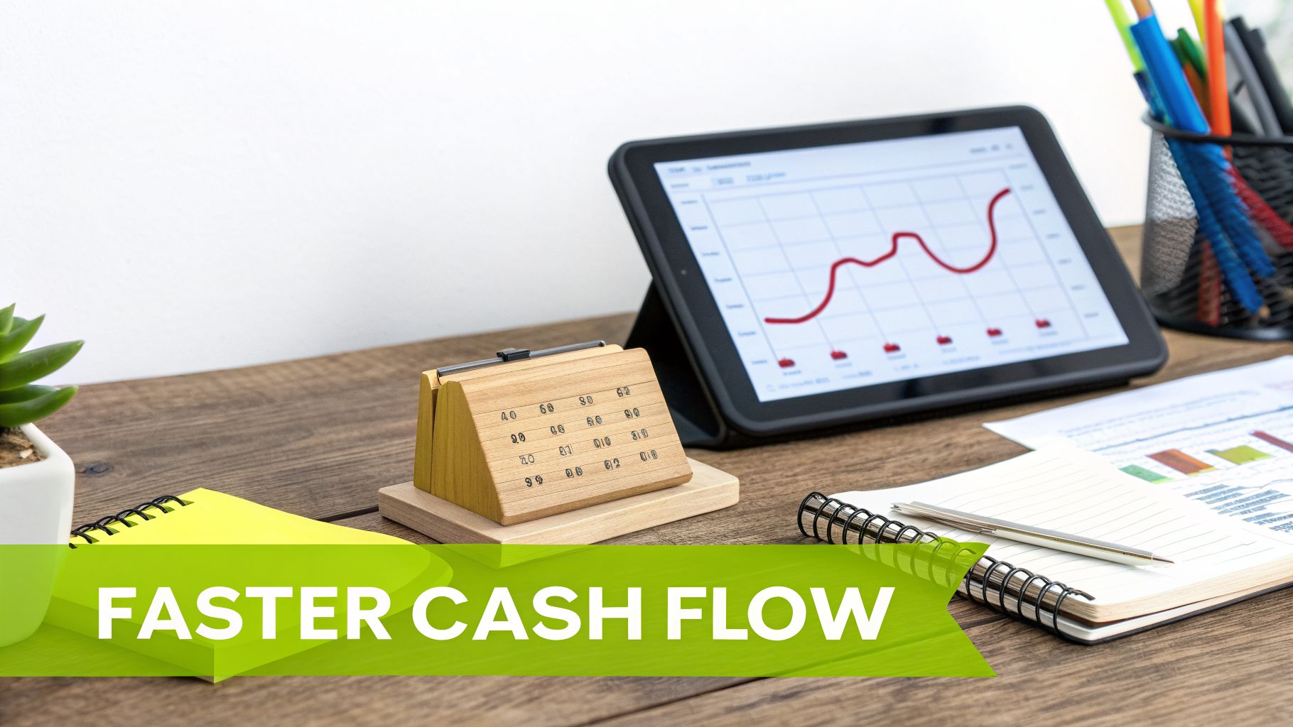A desk setup with a tablet showing a financial graph, a wooden calendar, and office supplies, highlighting faster cash flow.