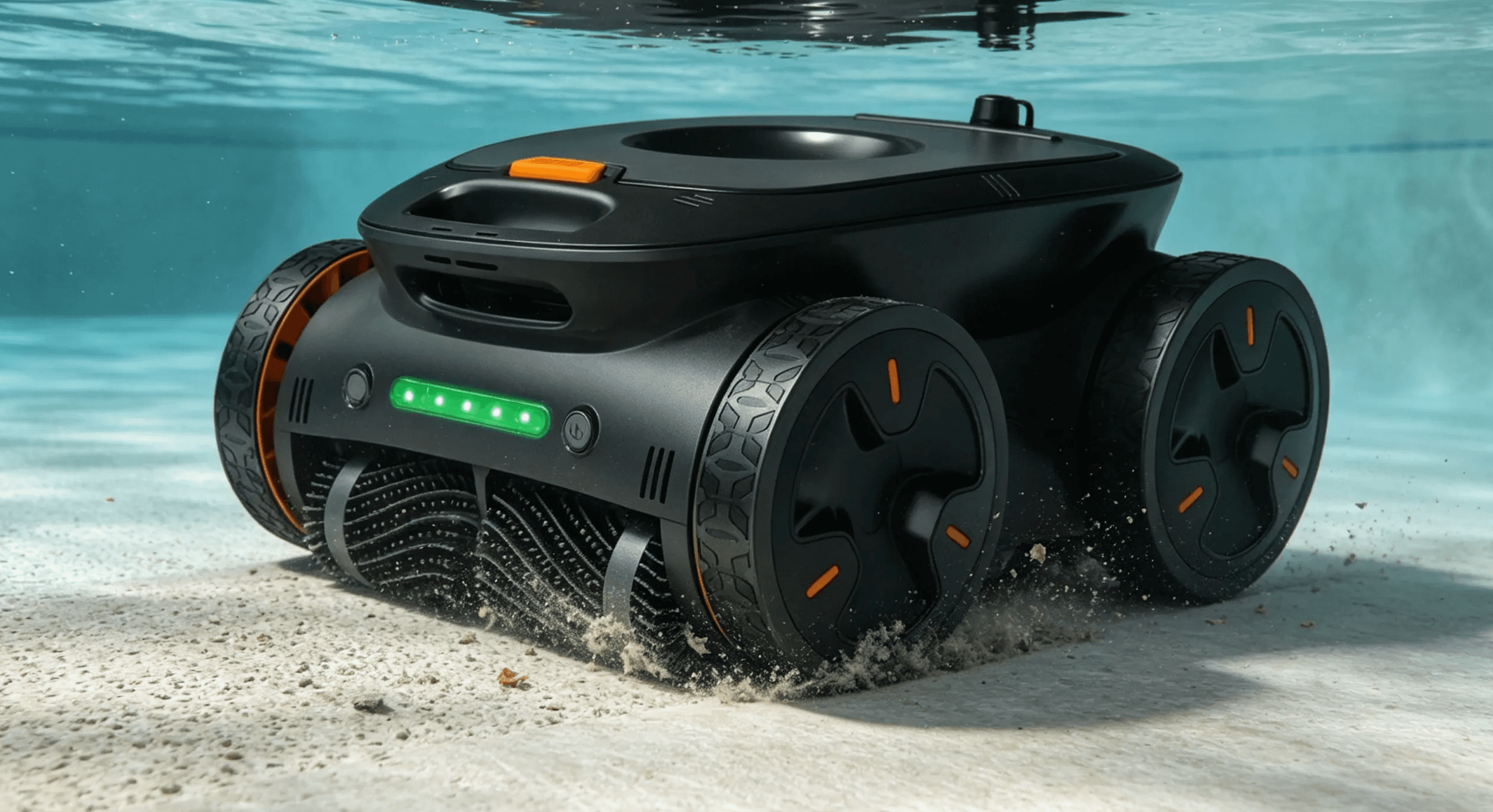 Robotic pool cleaner brushes and wheels maintaining contact with a pool surface