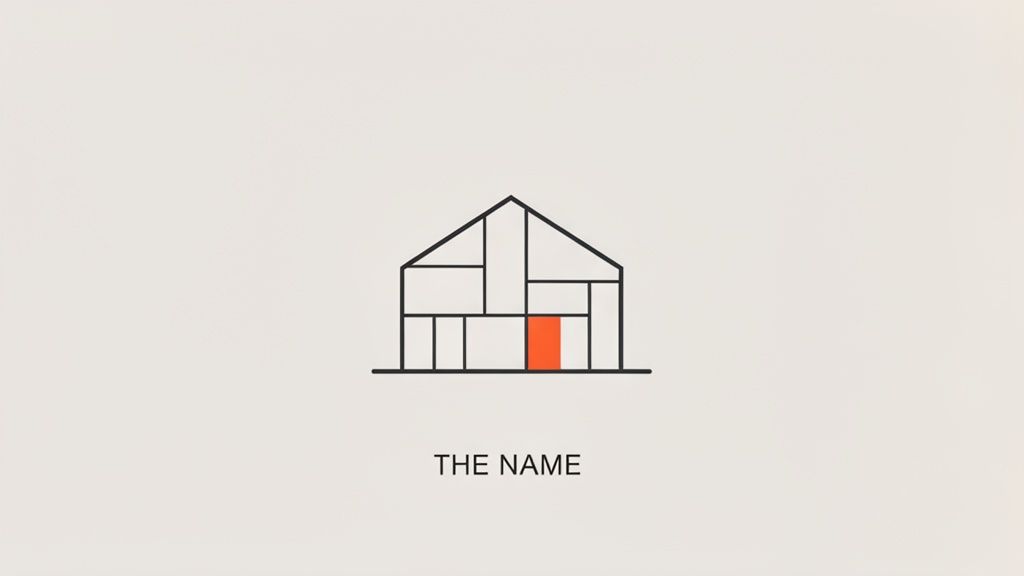 A minimalist house outline with geometric segments, one orange, and 'THE NAME' text below.