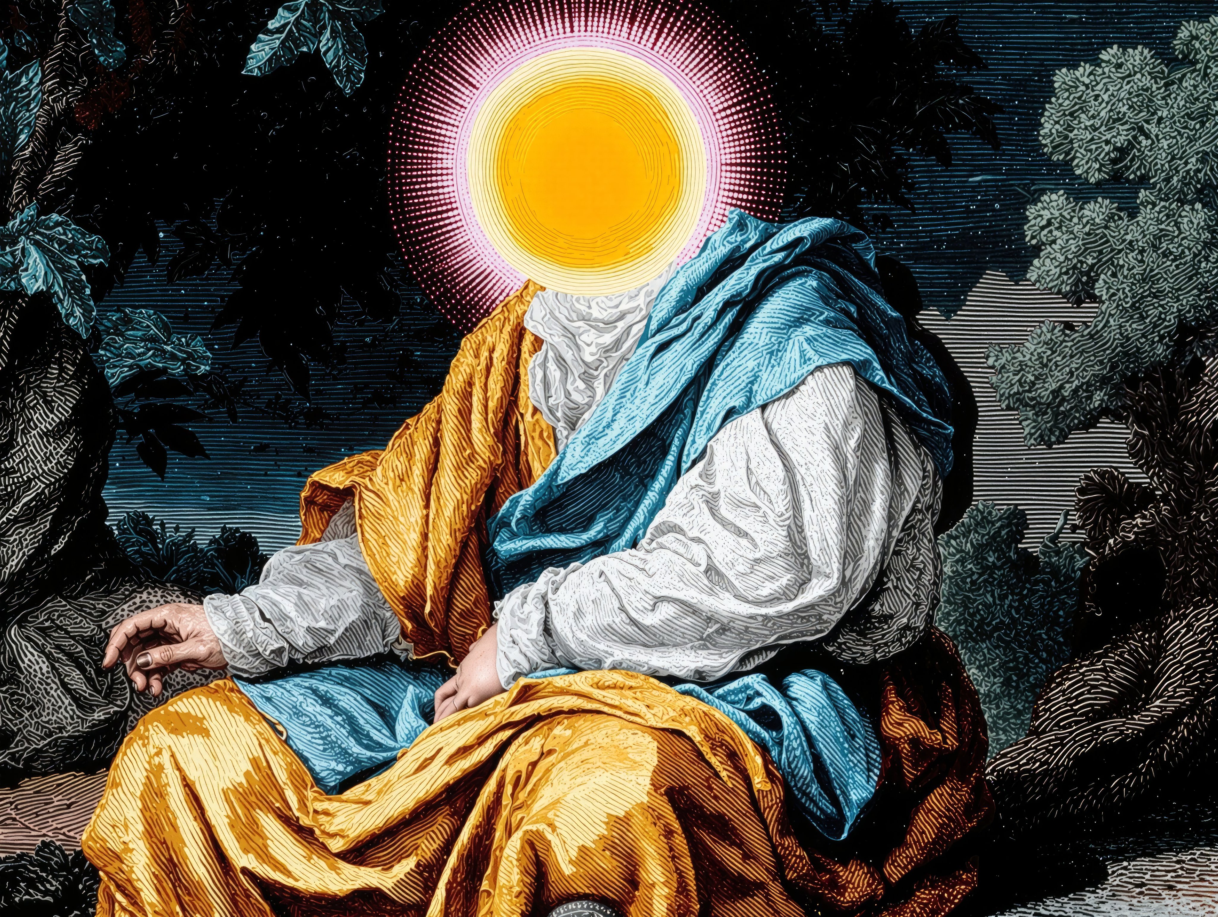 image of a greek god with the sun as his head