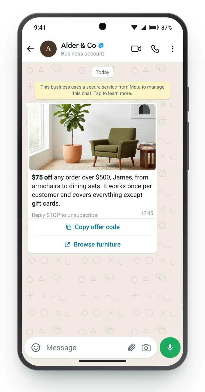 Discount above a minimum basket: WhatsApp coupon code message on an Android phone