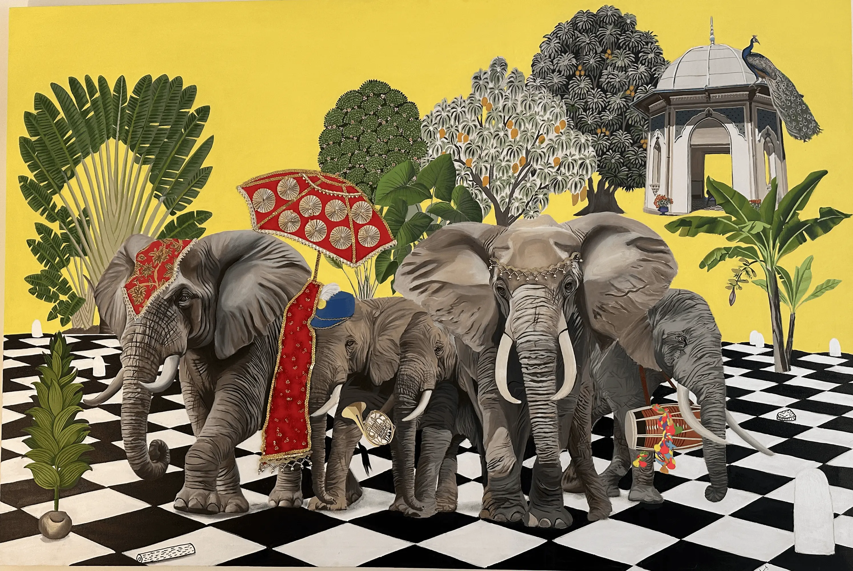 A decorative painting of elaborately adorned elephants walking across a black-and-white tiled floor with tropical trees, a peacock pavilion, and a vibrant yellow background.
