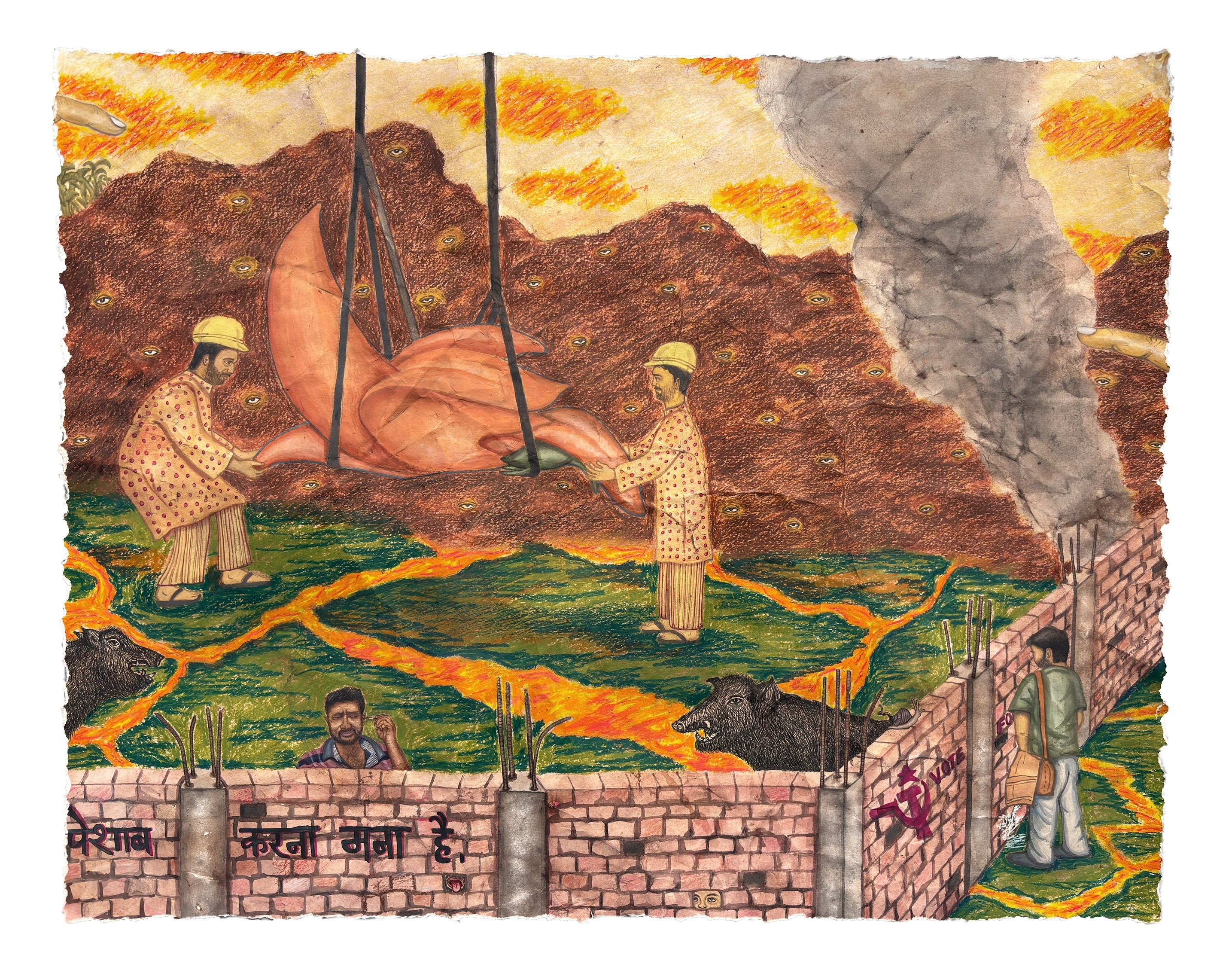 herd of sheep on road painting