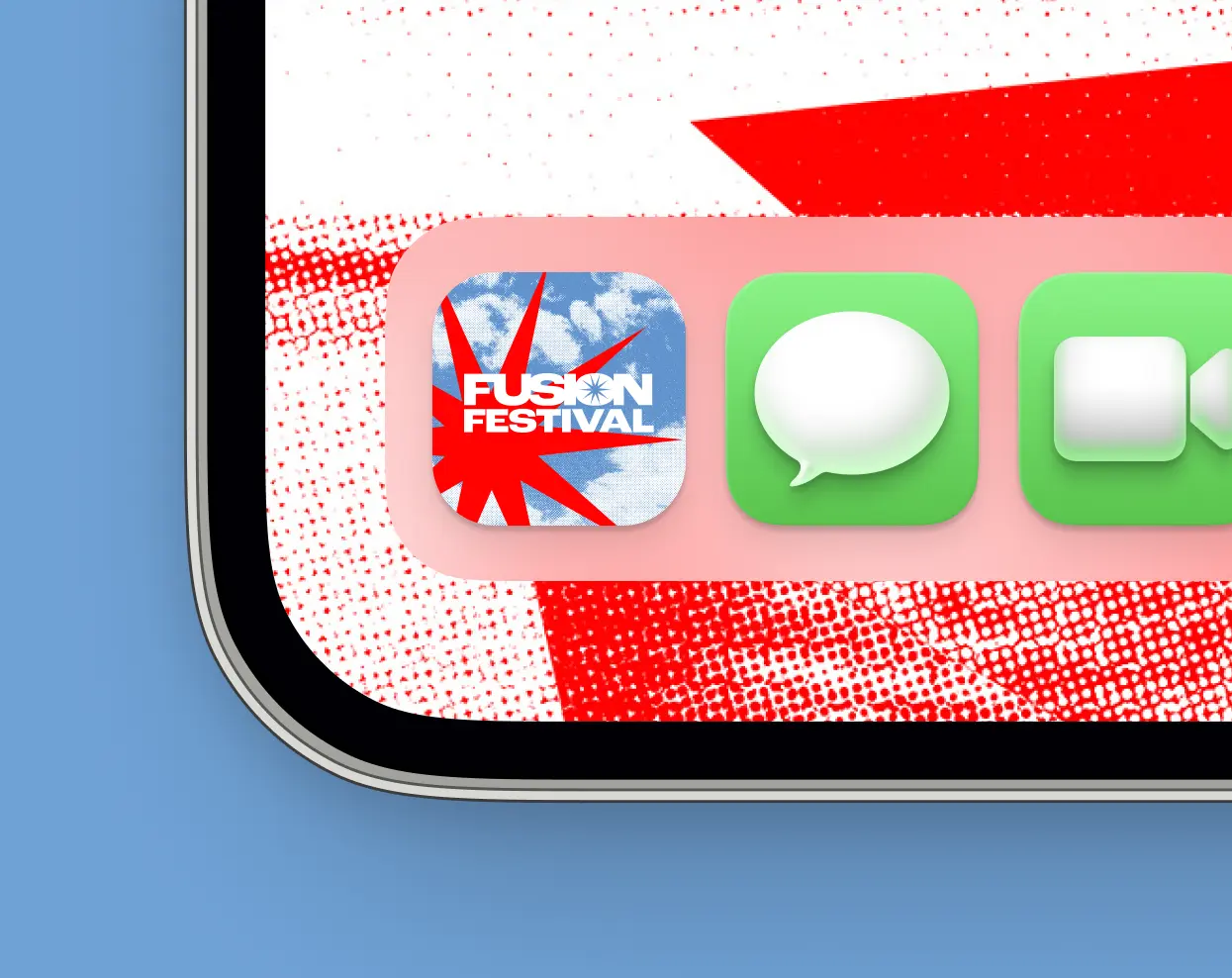 Corner of a tablet screen showing the Fusion Festival app icon beside the Messages and FaceTime icons
