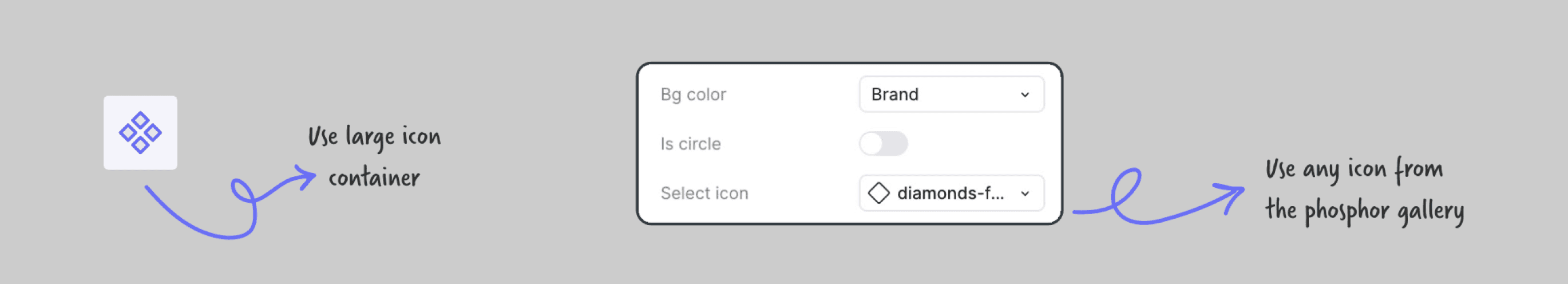 The icon container component in the design system with the controls that designers can use