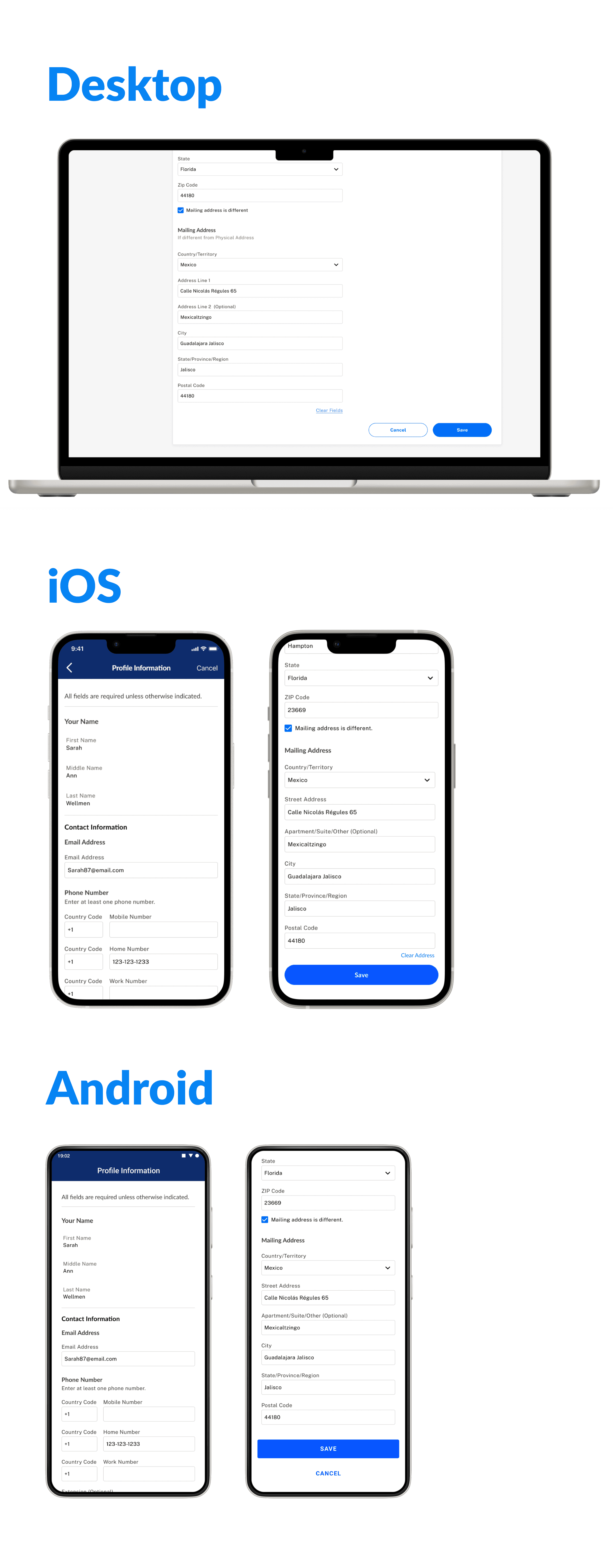 A mockup of the Online Mobile Banking design updates for Desktop, iOS, and Android breakpoints.