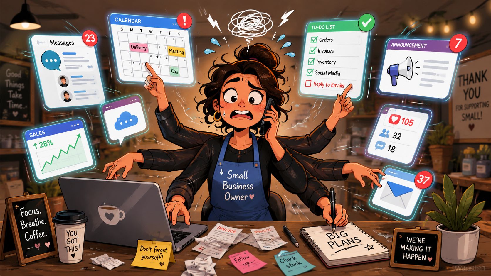 A stressed small business owner multitasking with many arms, notifications, and work tasks at a cluttered desk.