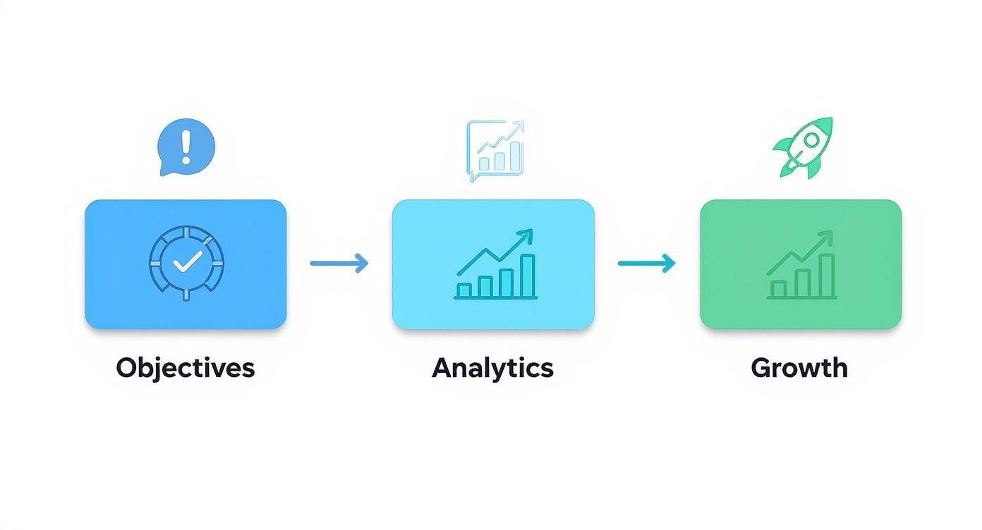 Infographic illustrating the journey from setting objectives, through analytics, leading to business growth.