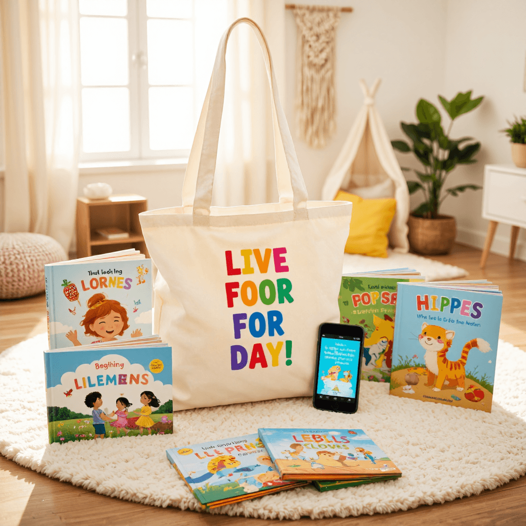 product photography of a collection of children's books and accessories including a tote bag, a smartphone, and a storybook