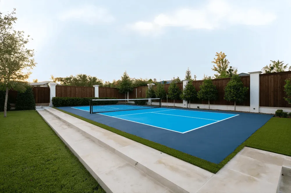 Regulation tennis and pickleball court design for luxury Preston Hollow Dallas estate by Blount Designs