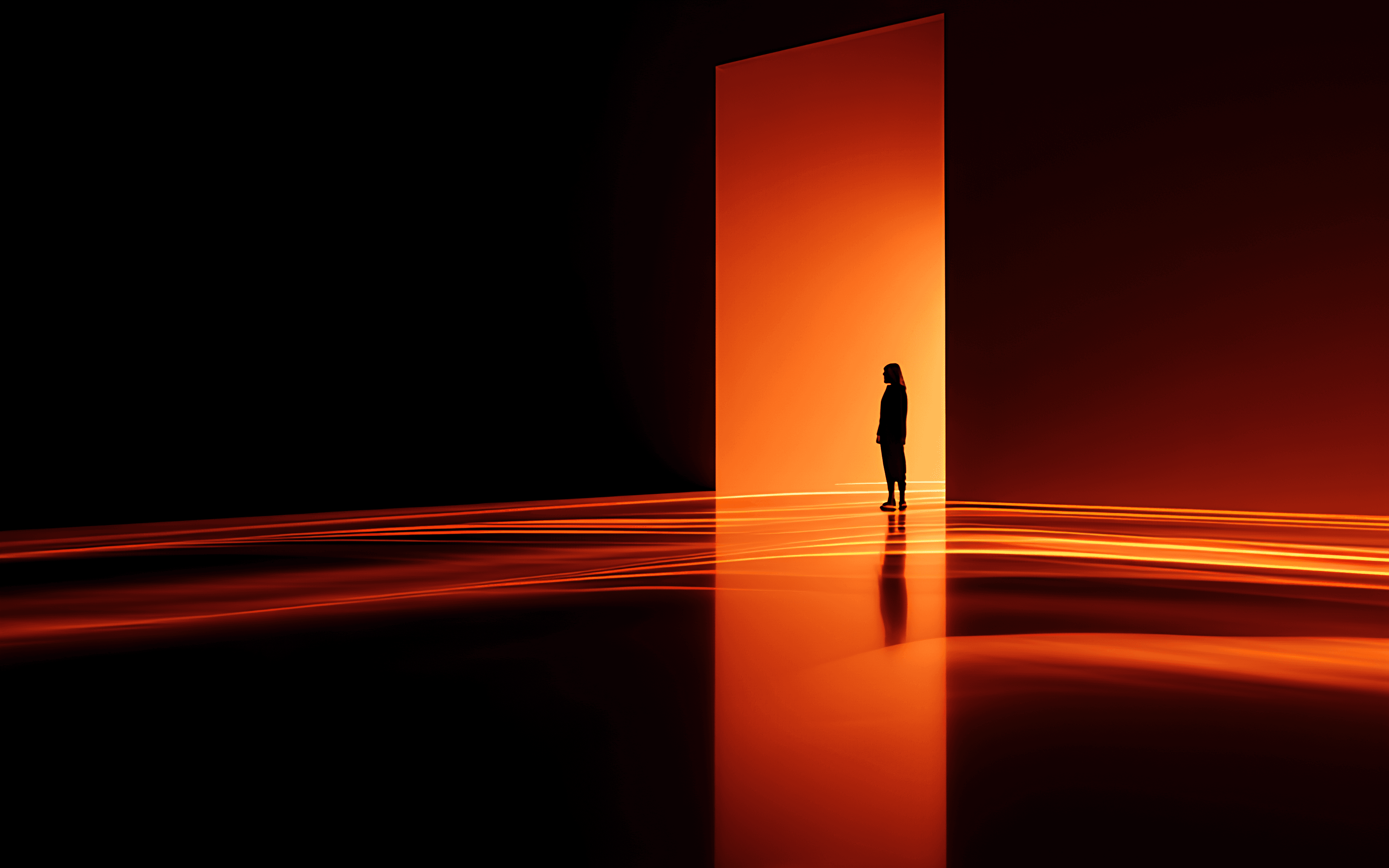 Person standing alone on a curved illuminated platform with warm orange light and dark minimal background.
