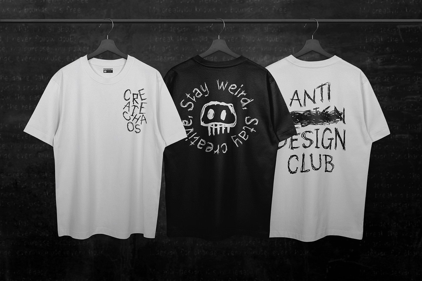 Minimalist t-shirt designs featuring Scrawlpunk scribbles font with edgy handwritten quotes and graphic symbols