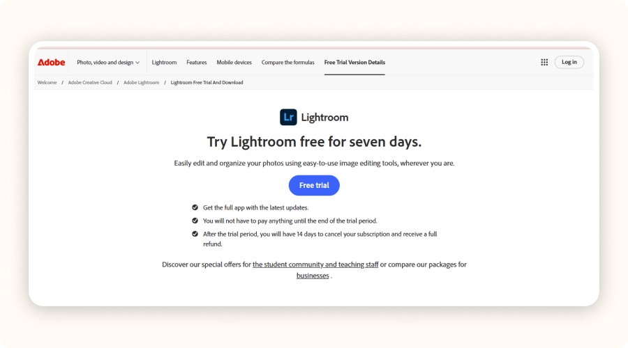 Adobe Lightroom download page
