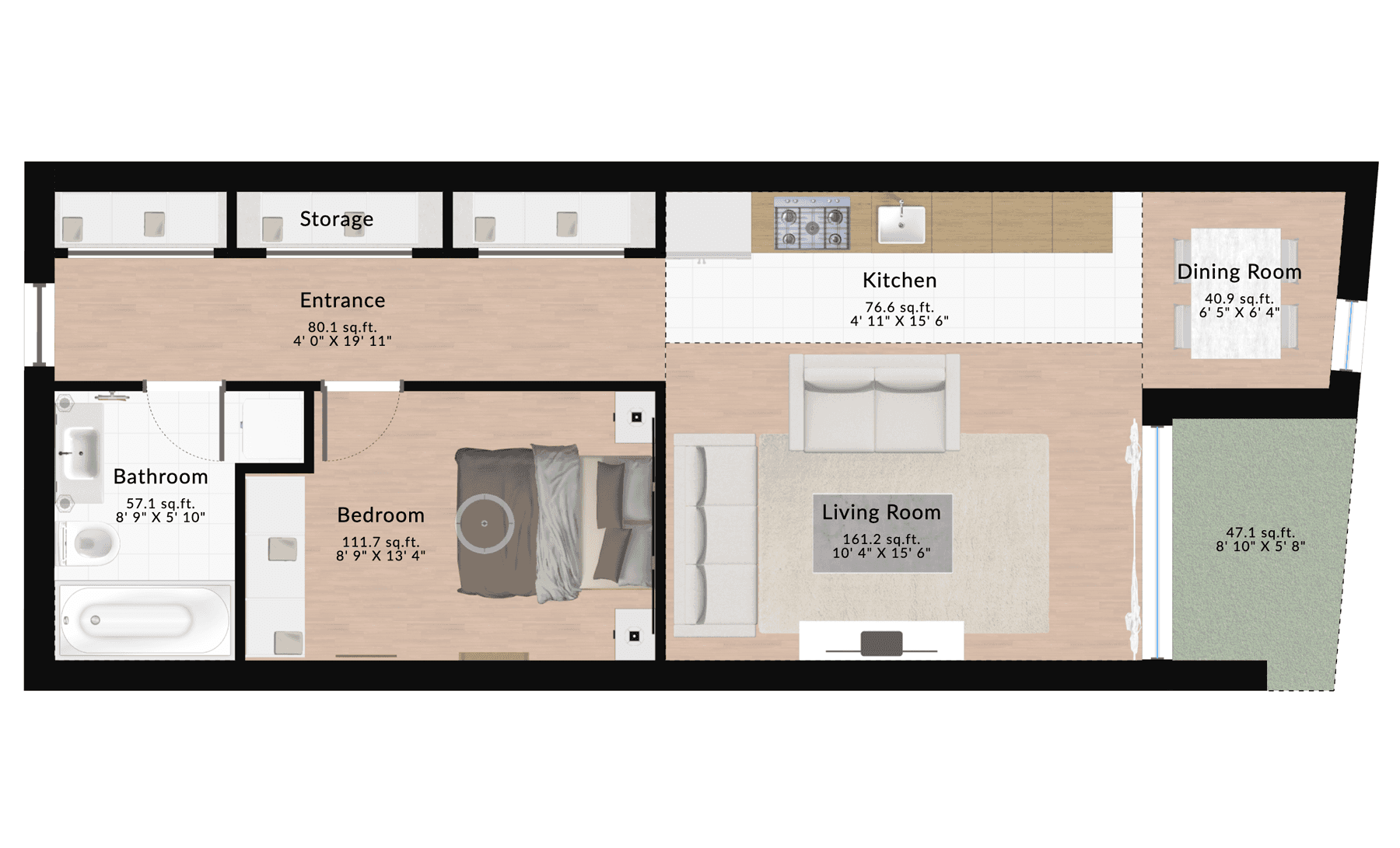 Furnished one-bedroom apartment floor plan featuring a living room, bedroom, kitchen, dining room, bathroom, entrance, storage space, and a balcony for small spaces.