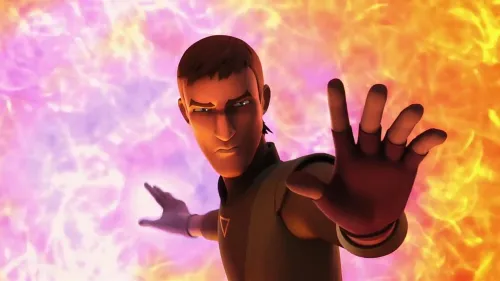 Kanan Jarrus facing camera with one hand holding back a wall of fire with purple energy and his other hand extended