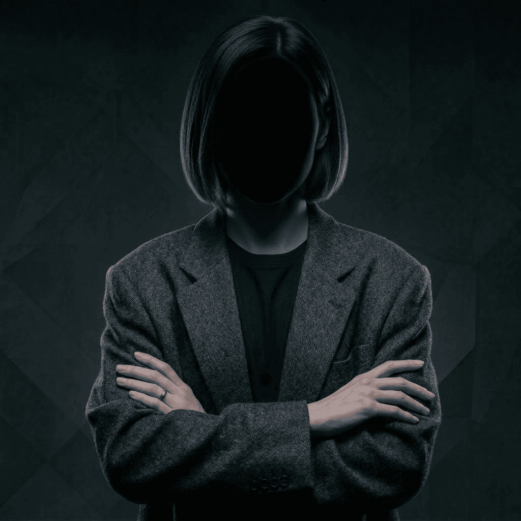 Smiling person with curly hair, wearing a black shirt, against a warm, dark background.