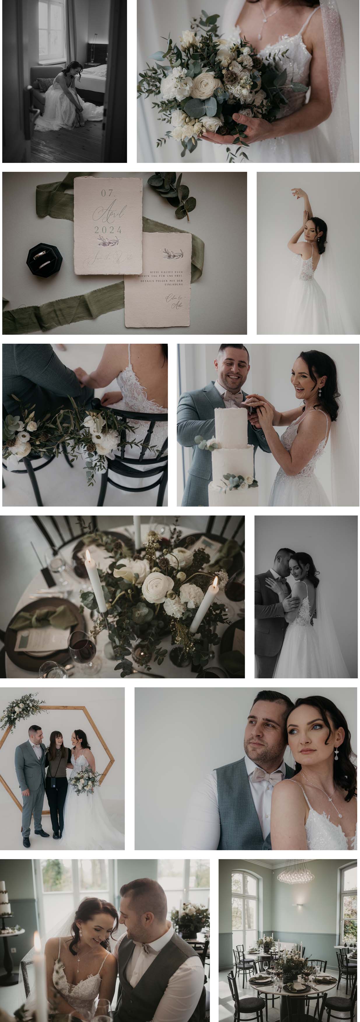 Collage einer gefühlvollen und edlen Hochzeit in Grüntonen und silbernene Highlights in einem Hotel in Ratingen.