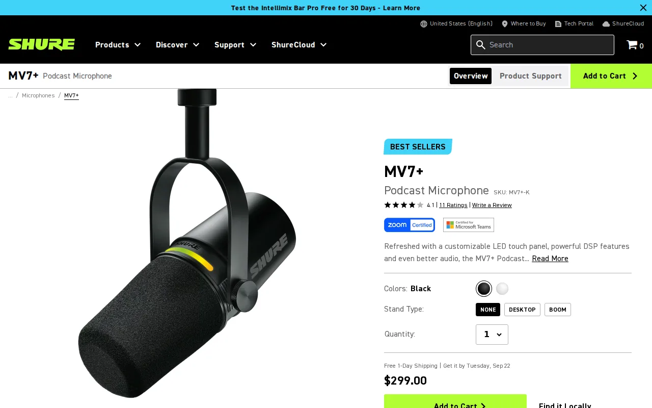 Screenshot of the Shure MV7 website