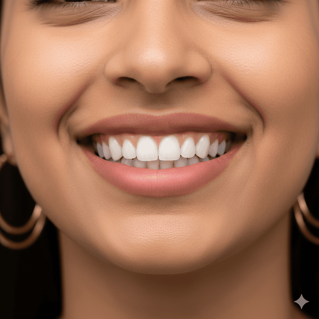 Close-up of an Indian man or woman with a full, seamless smile, showing no visible signs of missing or repaired teeth.