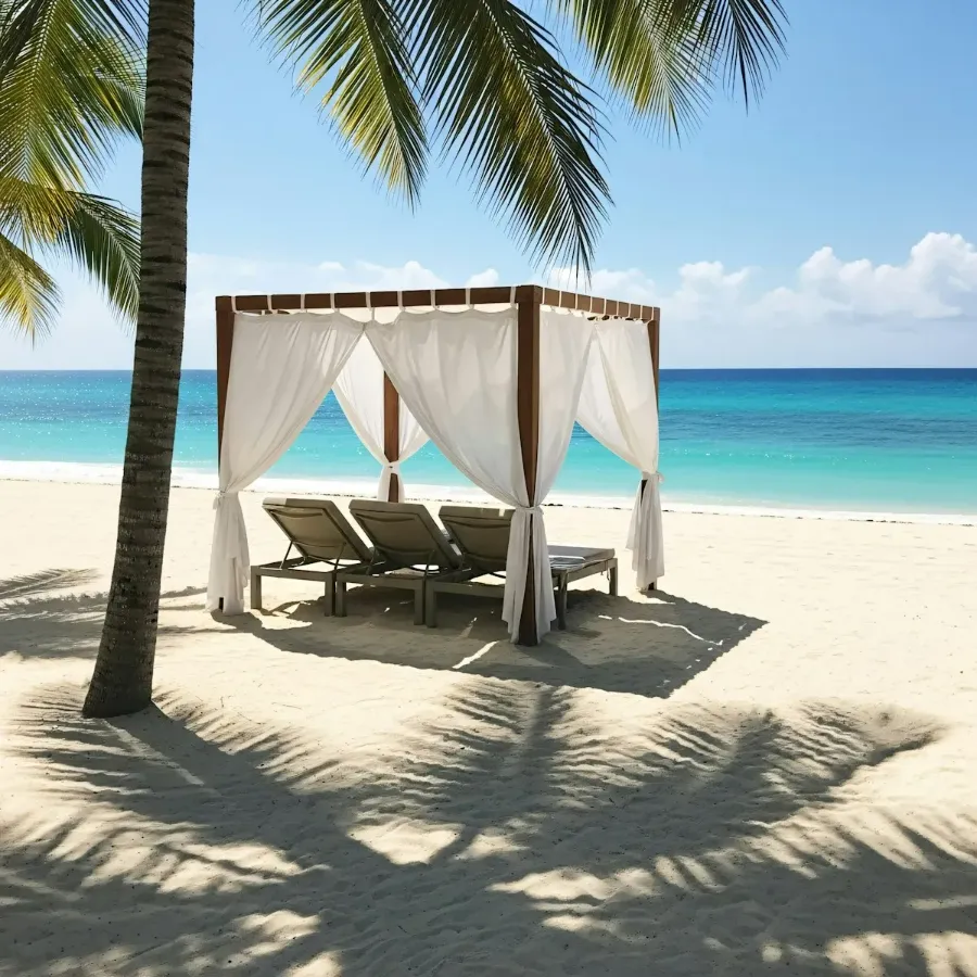 White beach cabana with lounge chairs on a tropical beach with turquoise water.