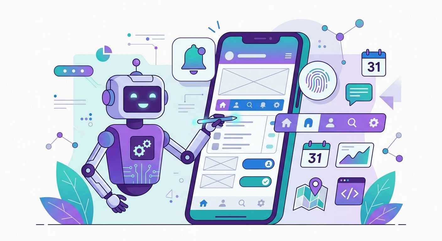 Illustration of an AI agent adding native features like push notifications and biometric login to a mobile app
