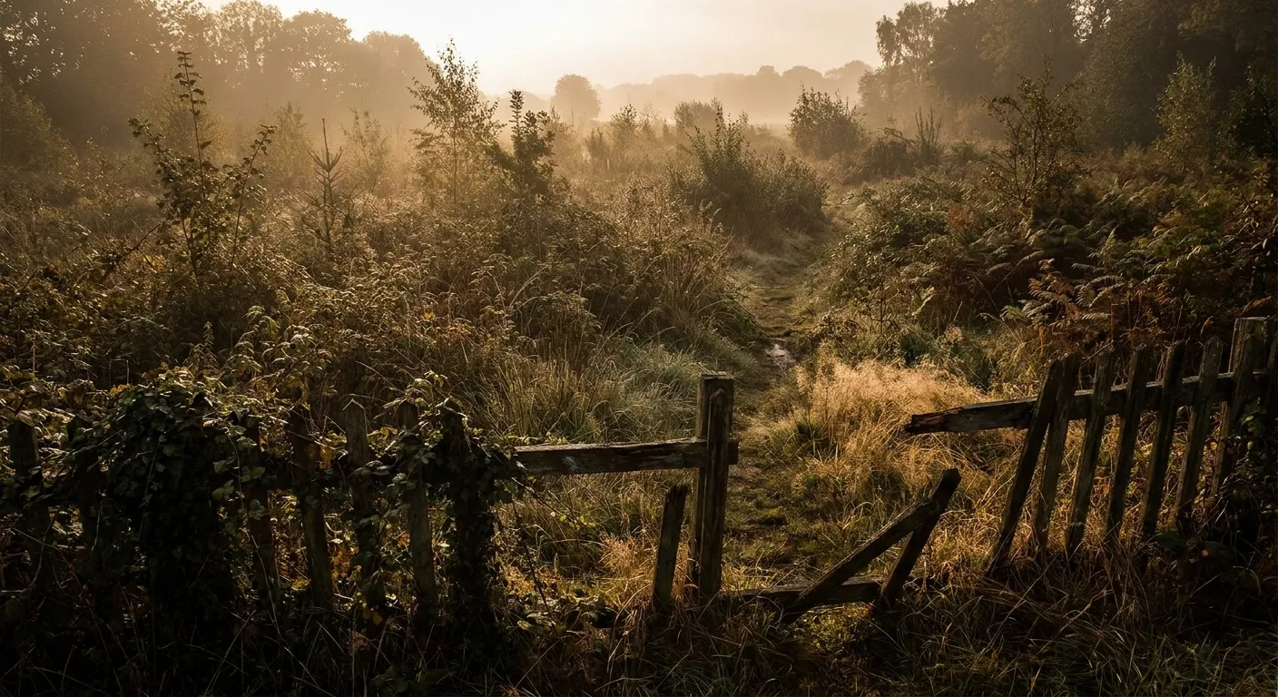 Sunlit meadow with broken fence, perfect for RockN' Socials Digital Marketing Agency.
